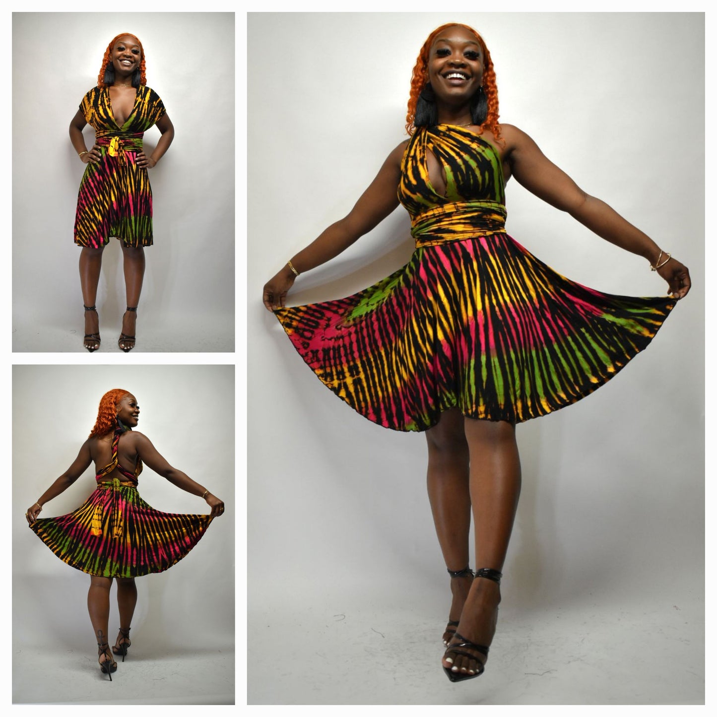 Short wrap dress light yellow tie dye base -Dresses-SanJules