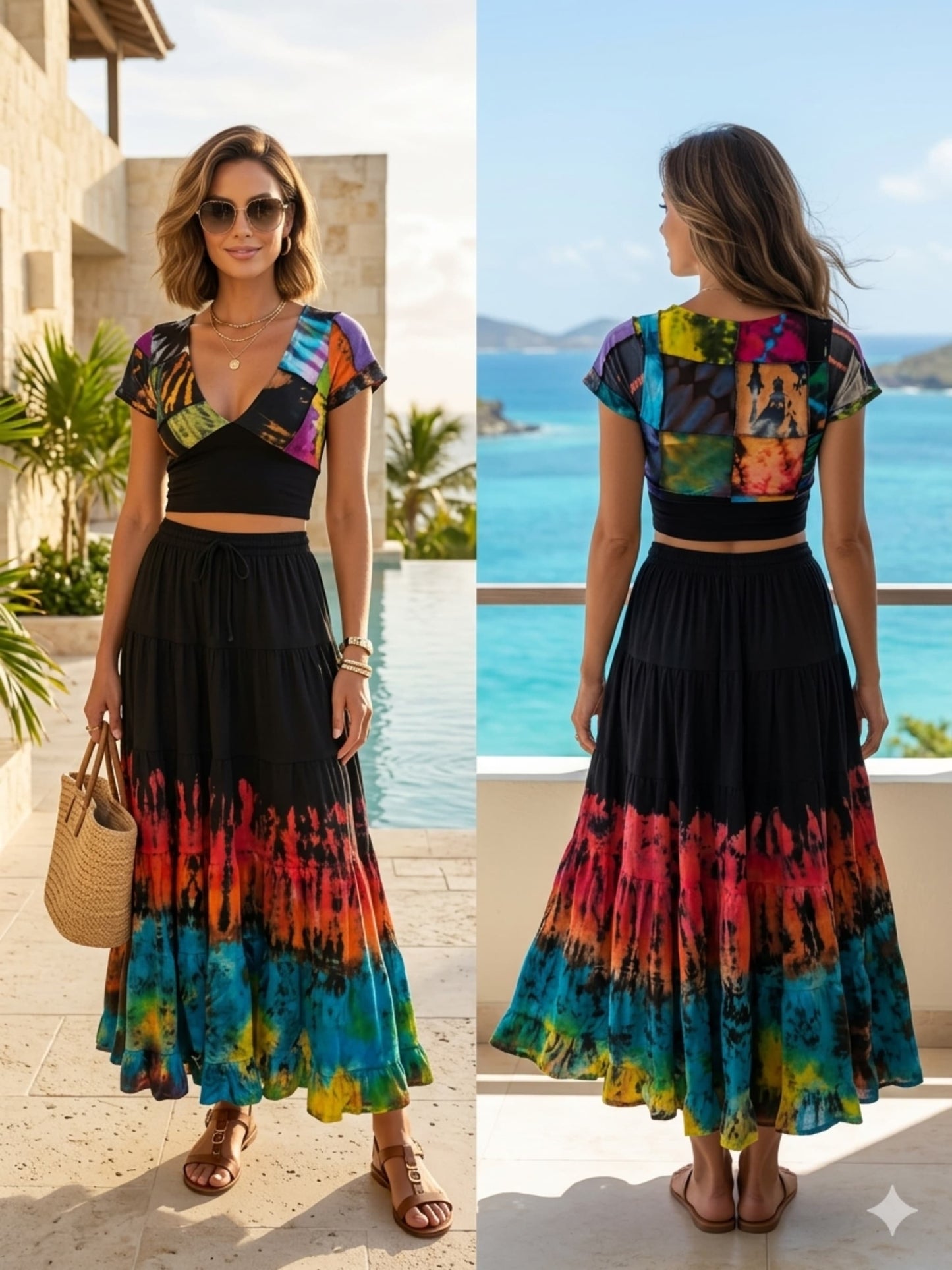 Woman wearing a colorful crop top and cotton tie dye skirt by a poolside and by the ocean.