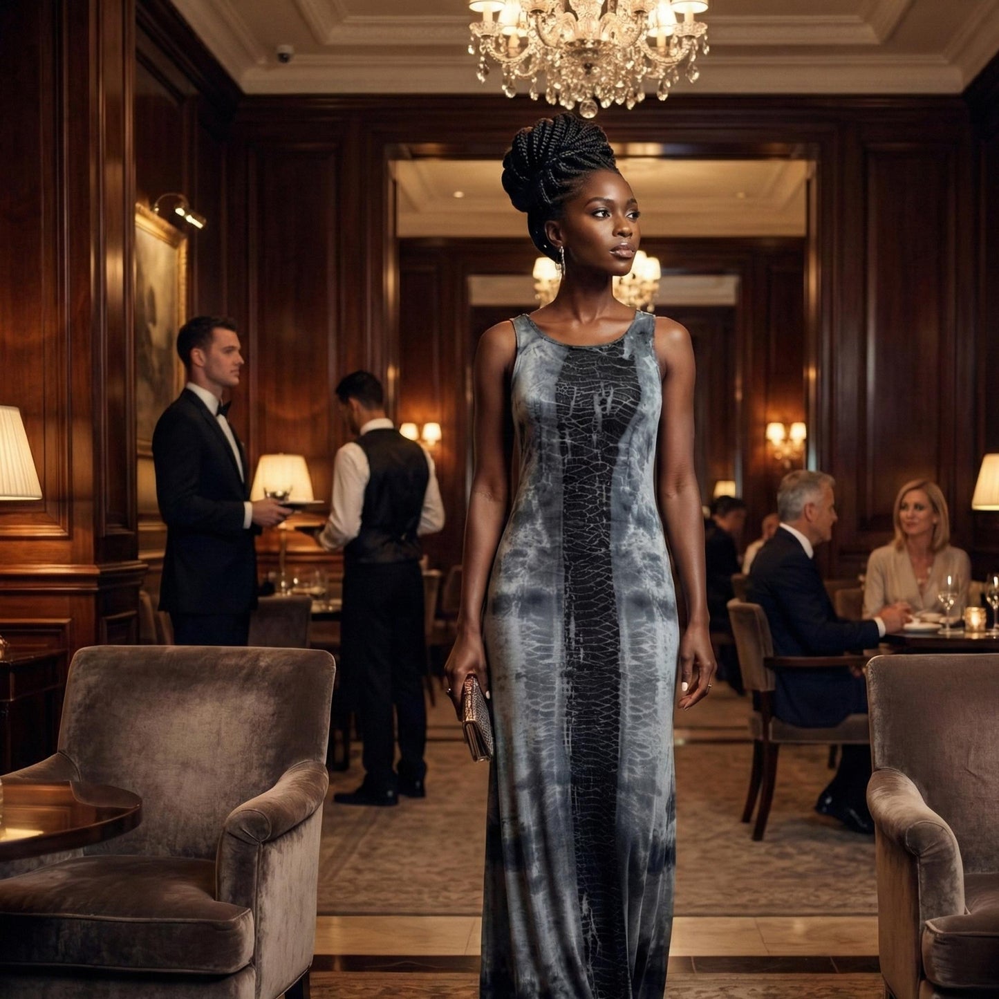 Woman in a elegant dress standing in a luxurious interior setting