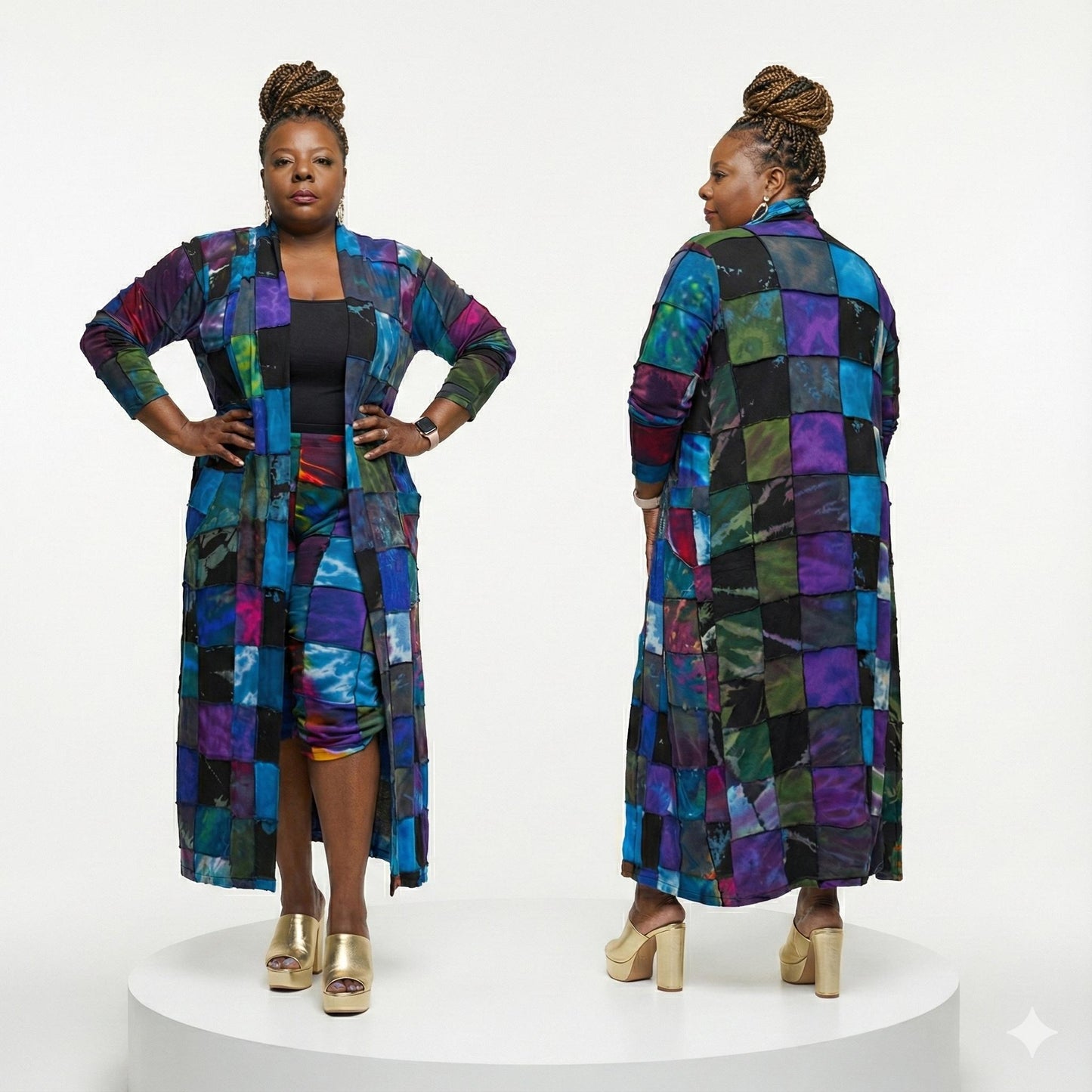 Woman wearing a colorful patchwork duster, front and back views, on a white background