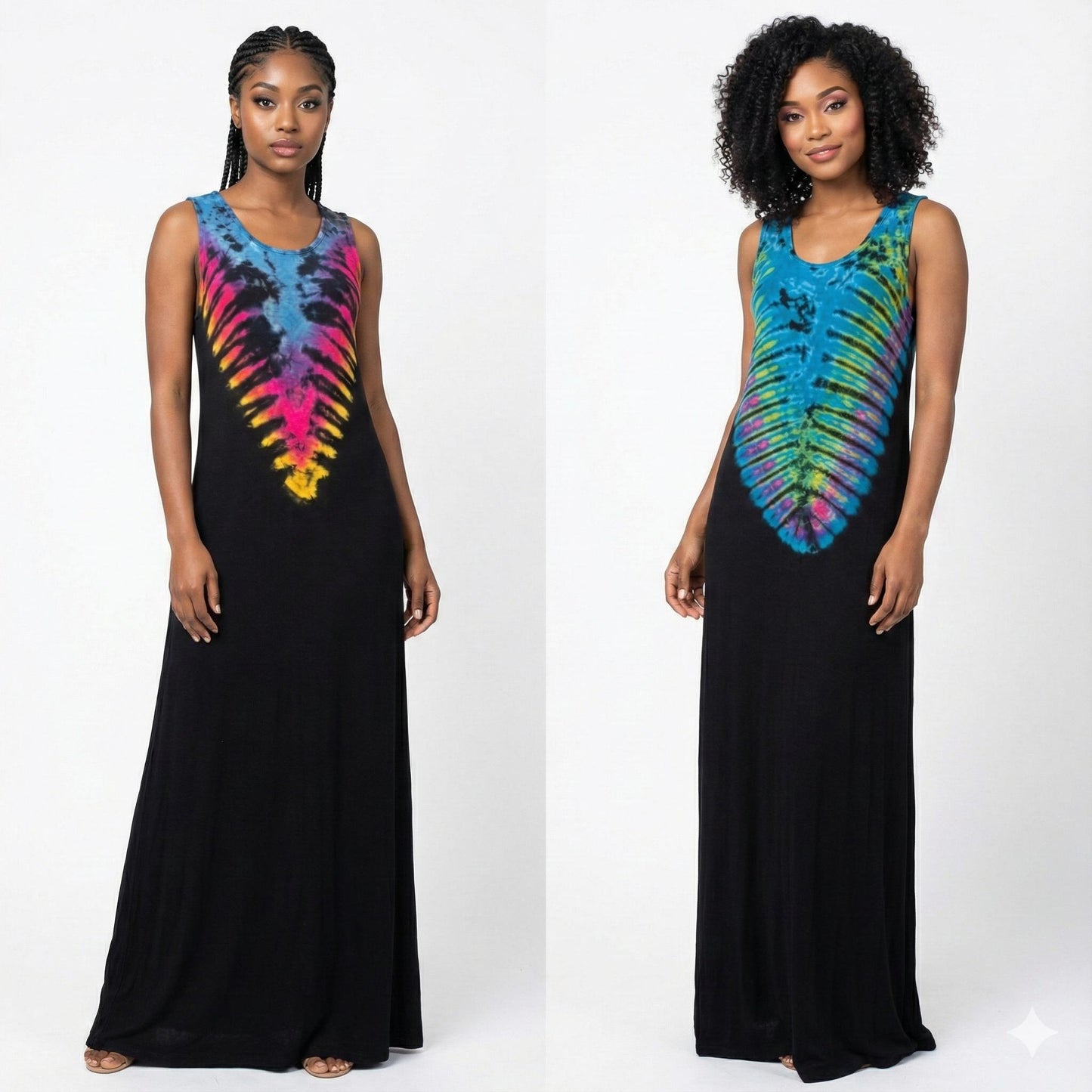 Two women wearing black dresses with tie-dye designs on a white background
