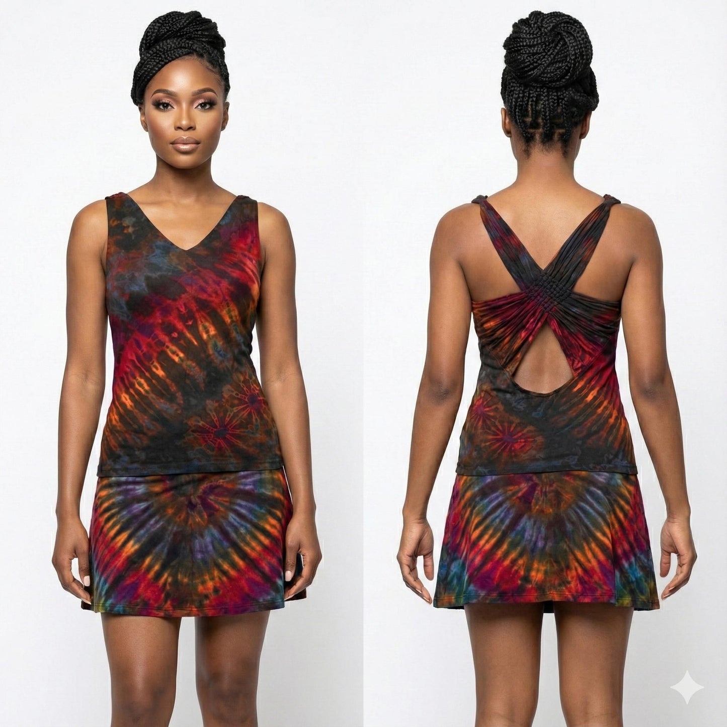 Tie-dye tank top and short skirt set worn by a model on a white background