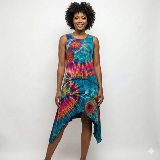 Woman wearing a colorful tie-dye dress on a white background