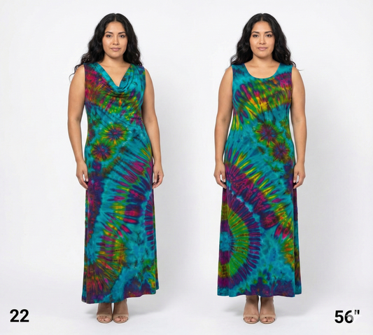 Two views of a woman wearing a tie-dye dress on a white background