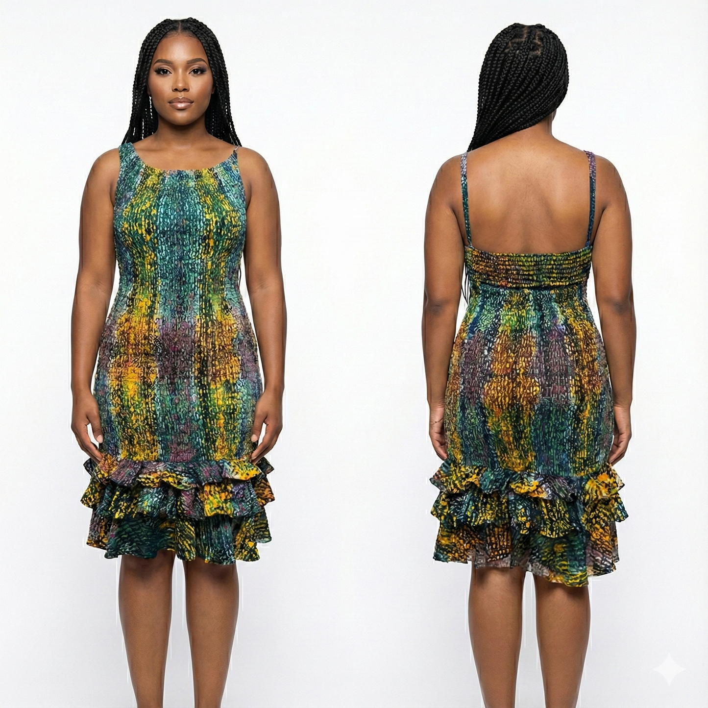 Woman wearing a colorful dress, front and back views, on a white background