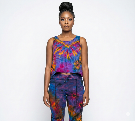 Woman wearing a colorful tie-dye outfit on a white background