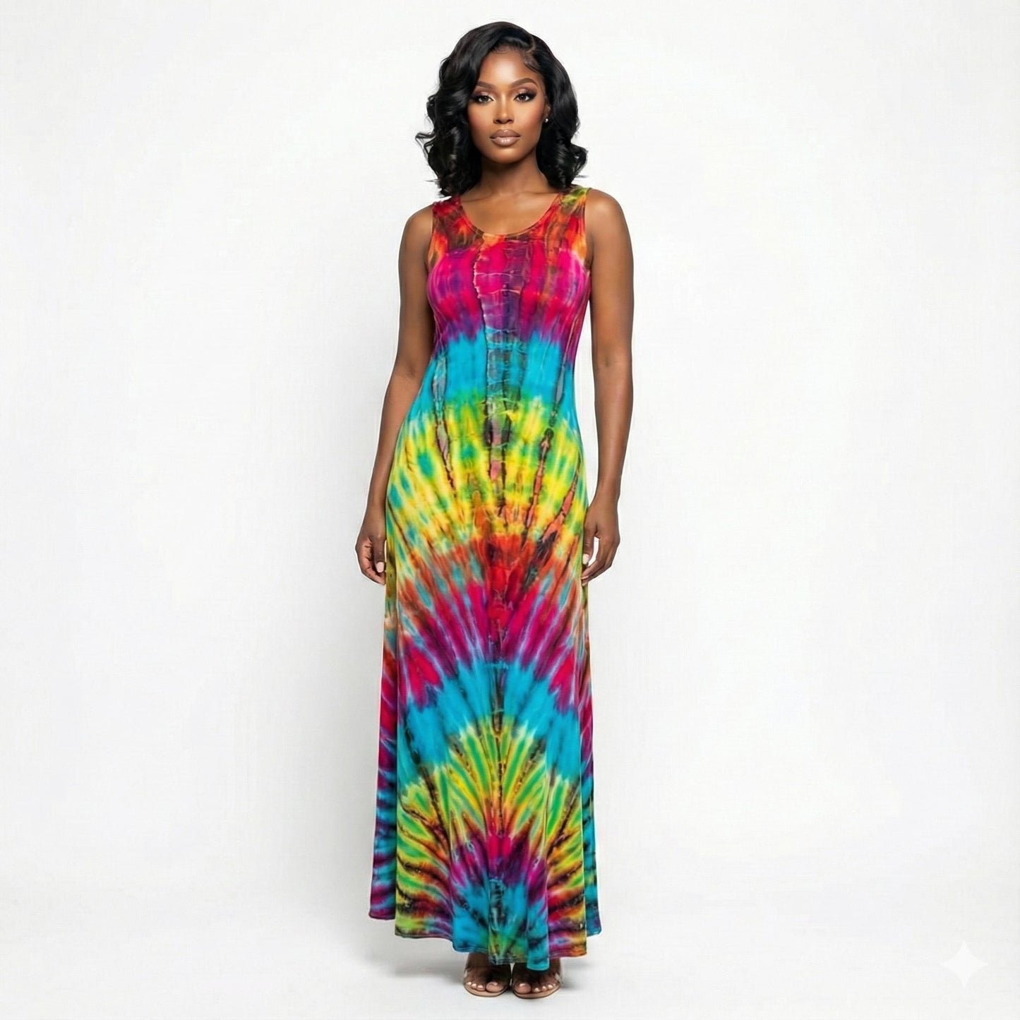 Woman wearing a tie-dye dress on a white background
