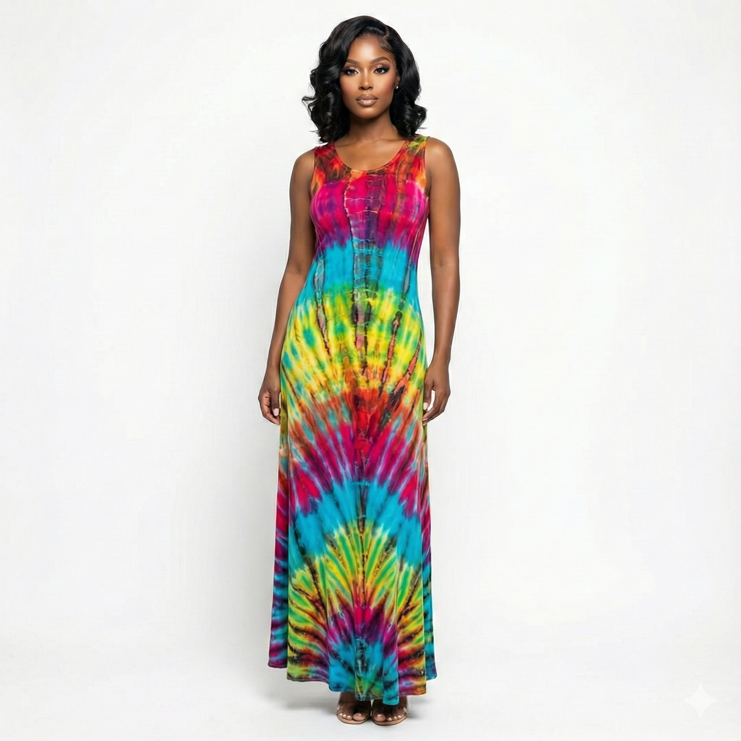 Woman wearing a tie-dye dress on a white background