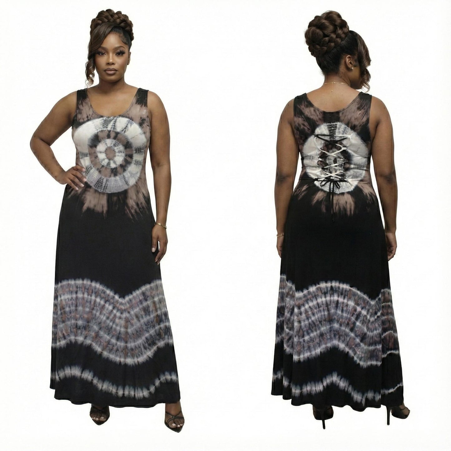 Woman wearing a sleeveless dress with tie-dye pattern from front and back views on a white backgrou
