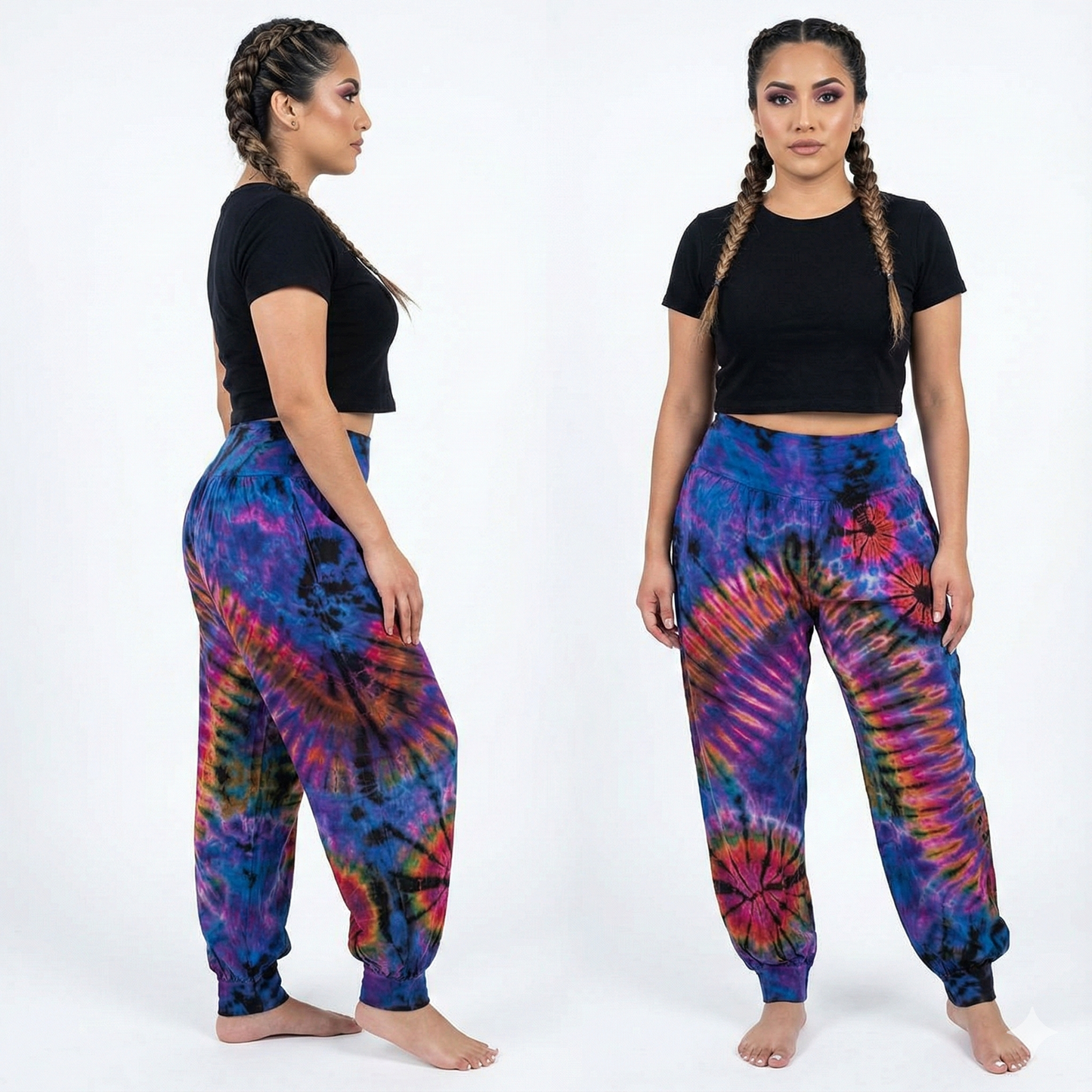 Woman wearing tie-dye pants and a black crop top on a white background