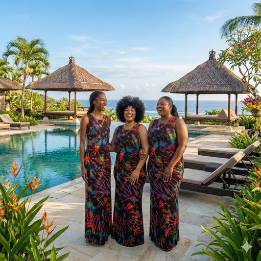 Three women in tie dye dresses standing by a pool with ocean view and tropical plants.