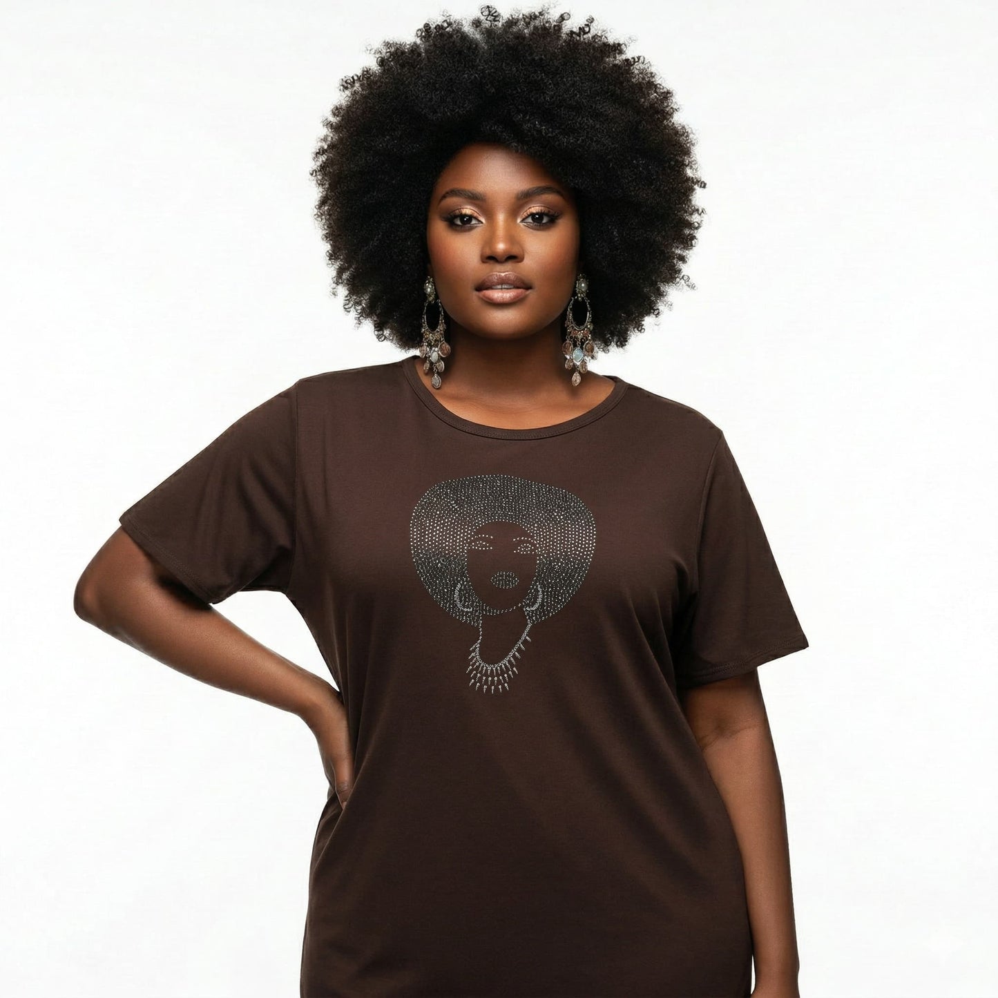 Model in a brown Foxy Black Diamond Afro Women's Rhinestone T-Shirt with a smoke gray afro design.