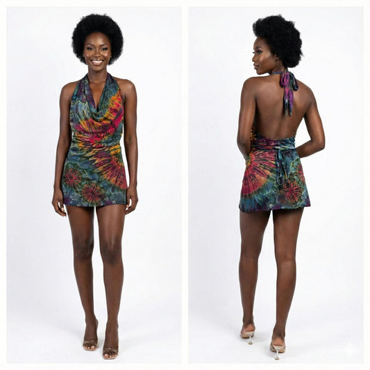 Woman wearing a colorful tie-dye mini dress , front and back views, on a white background.