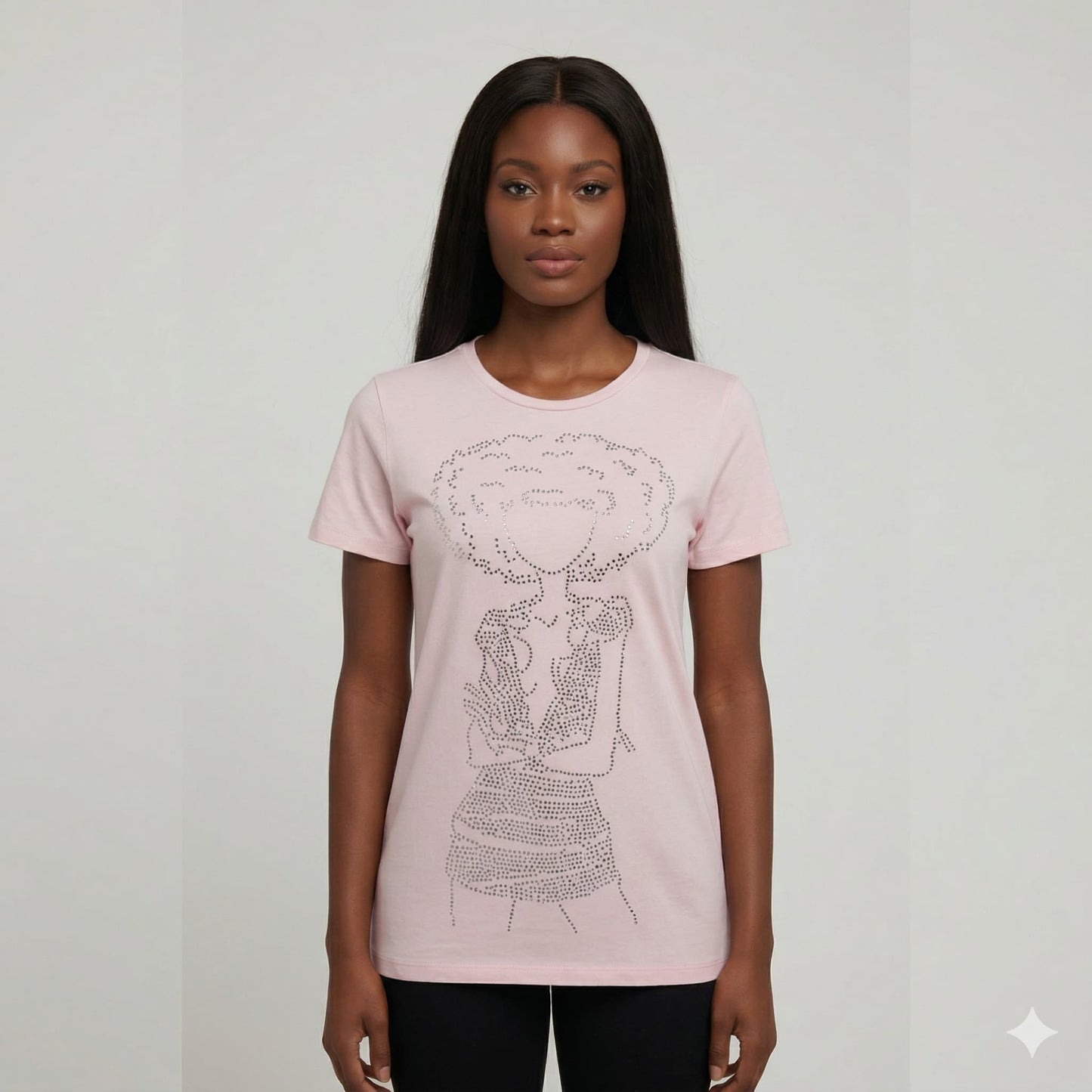 Pink Afro Diva Rhinestone T-Shirt with a full-body silhouette diva design on a model.