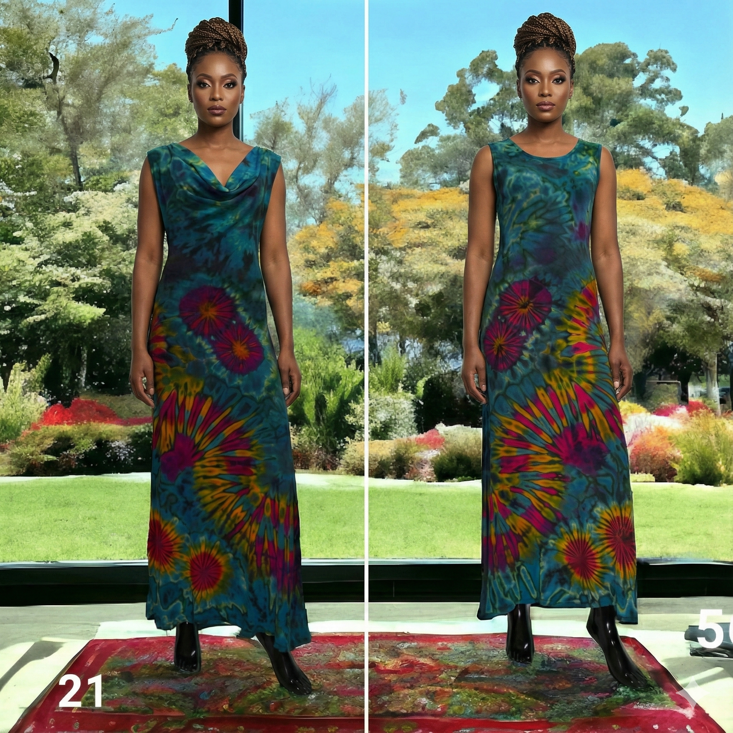 Woman wearing a colorful dress with a tie-dye pattern in an outdoor setting.