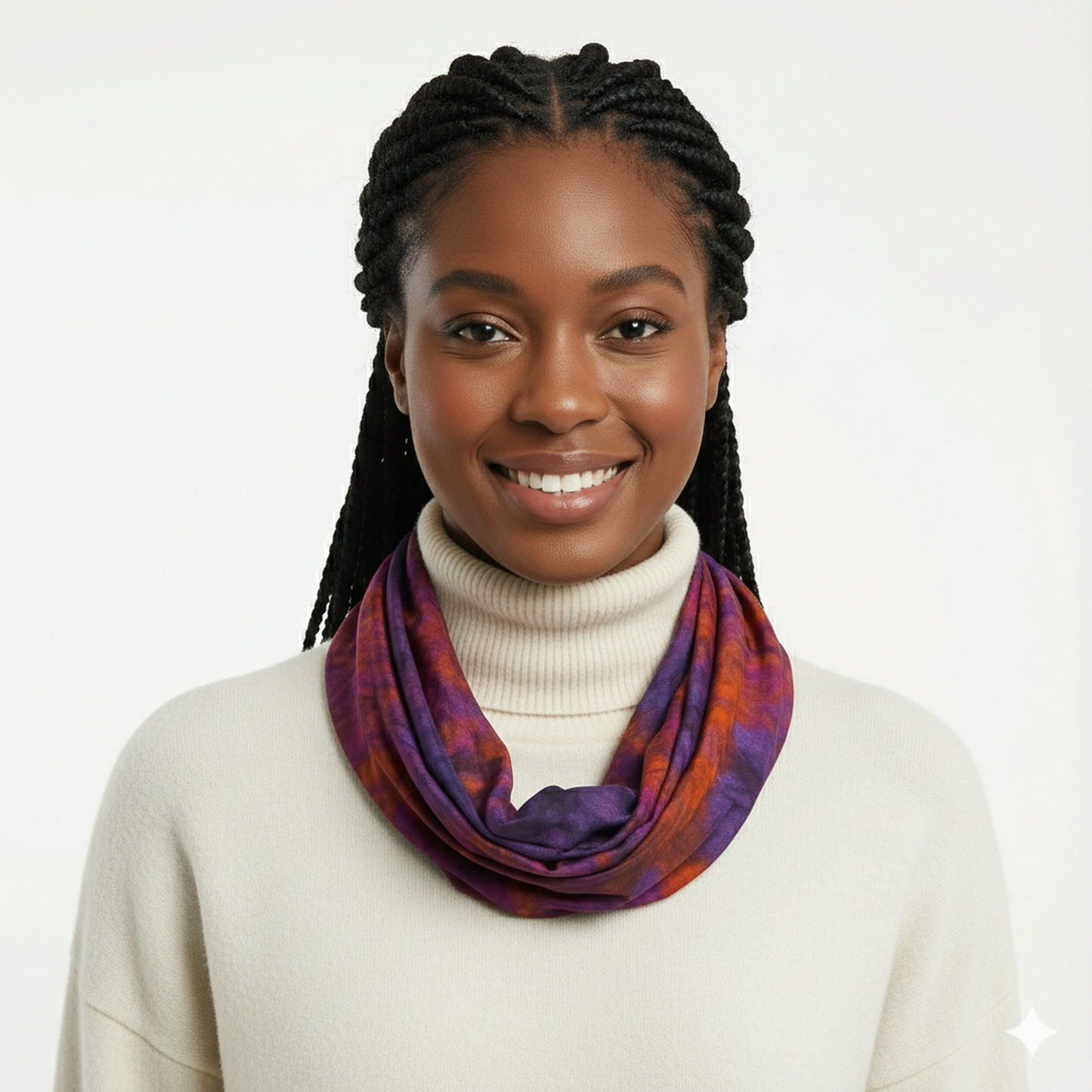 Woman wearing a colorful tie dye scarf and white turtleneck against a plain background