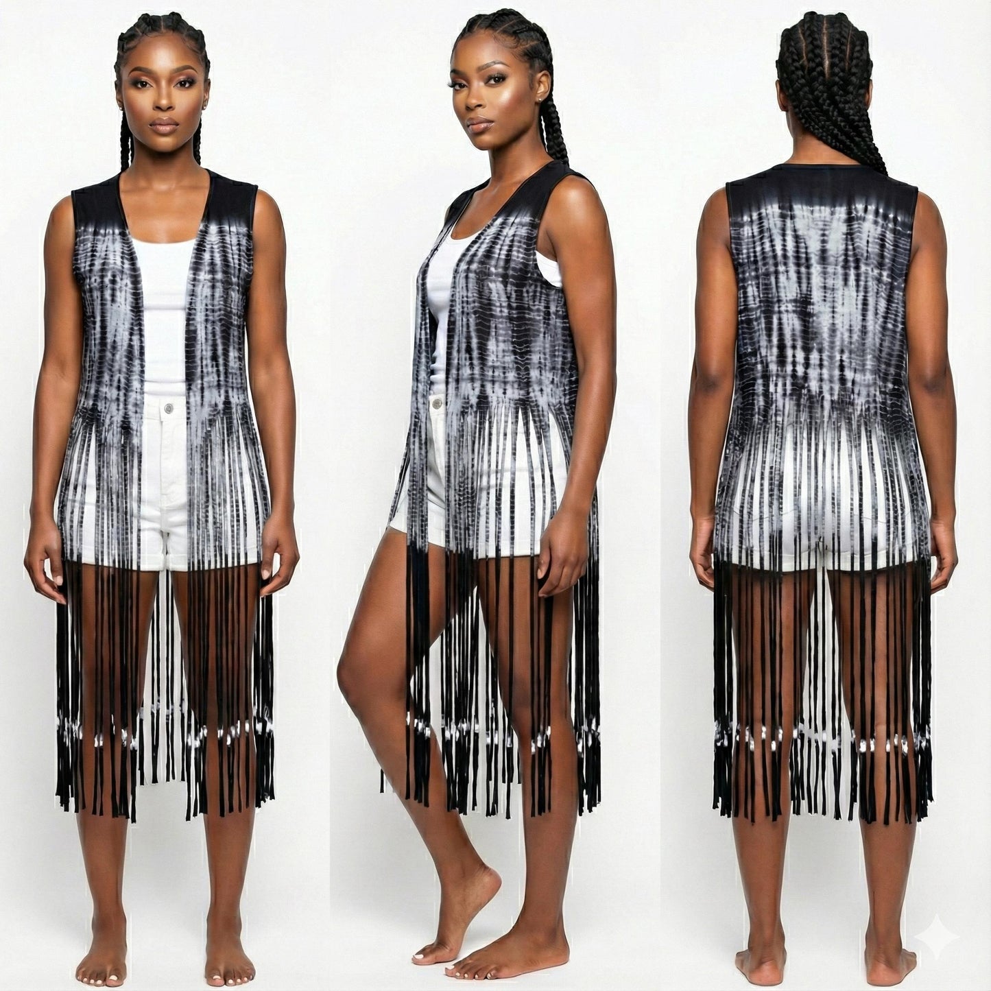 Black and white patterned sleeveless dress with fringe details on a model