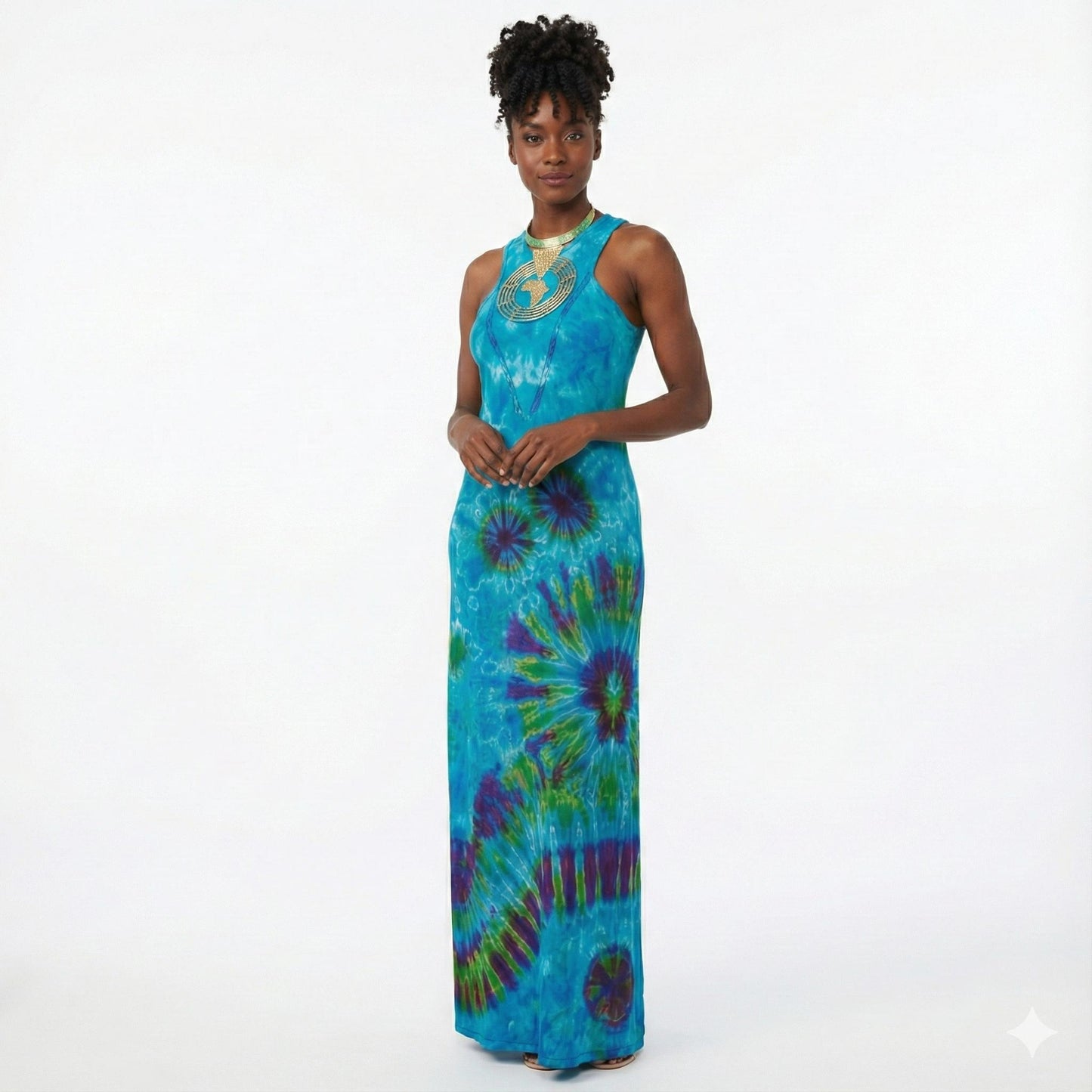 Woman wearing a blue tie-dye dress on a white background