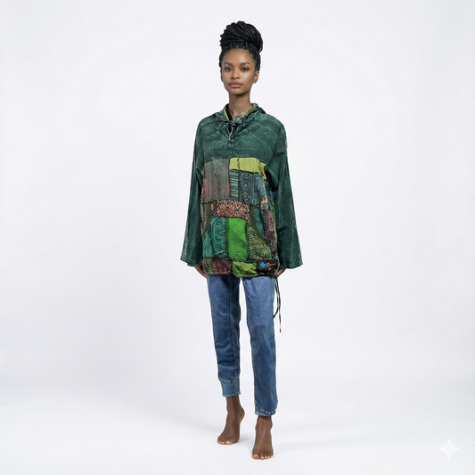 Person wearing a green patchwork hoodie and blue jeans on a white background