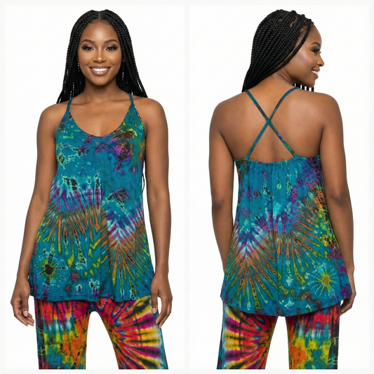 Woman wearing a tie-dye tank top and pants, shown from front and back, on a white background.