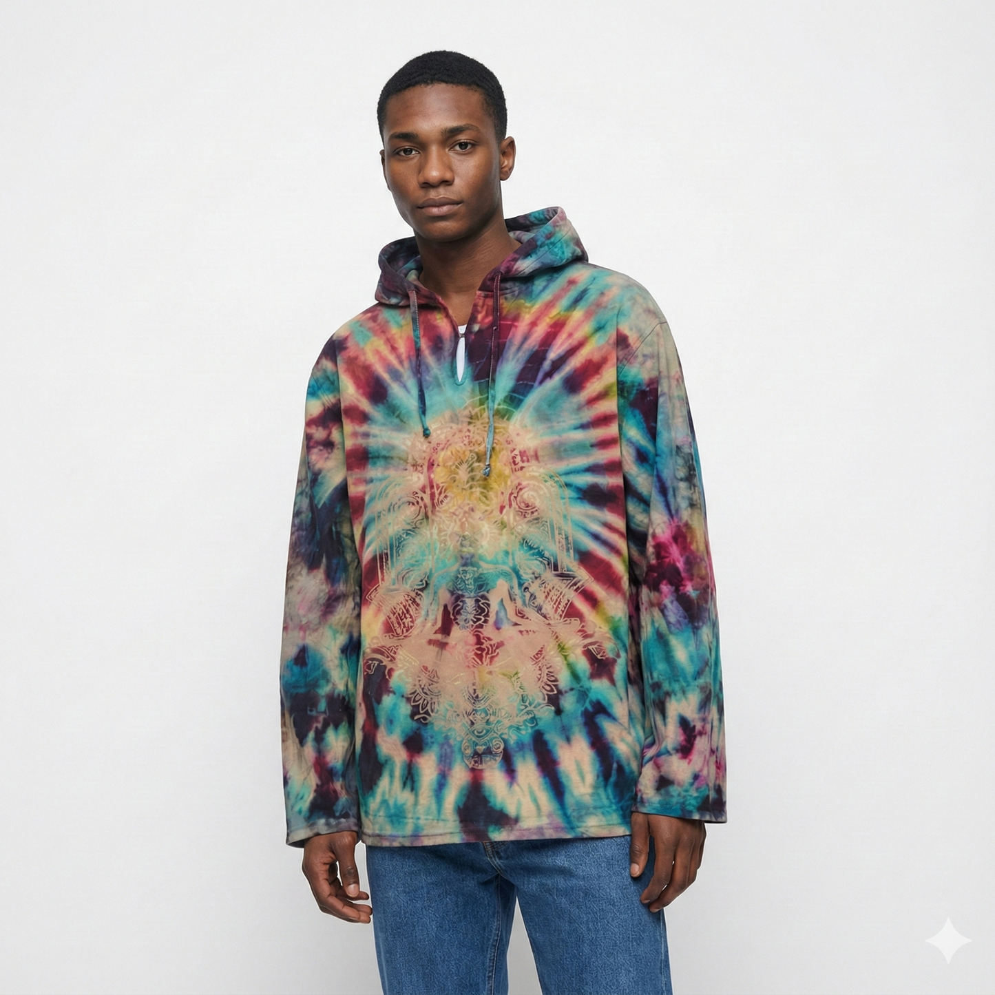 Person wearing a tie-dye hoodie on a white background