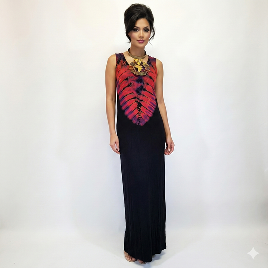 Woman wearing a black dress with a red and orange tie-dye pattern on a white background