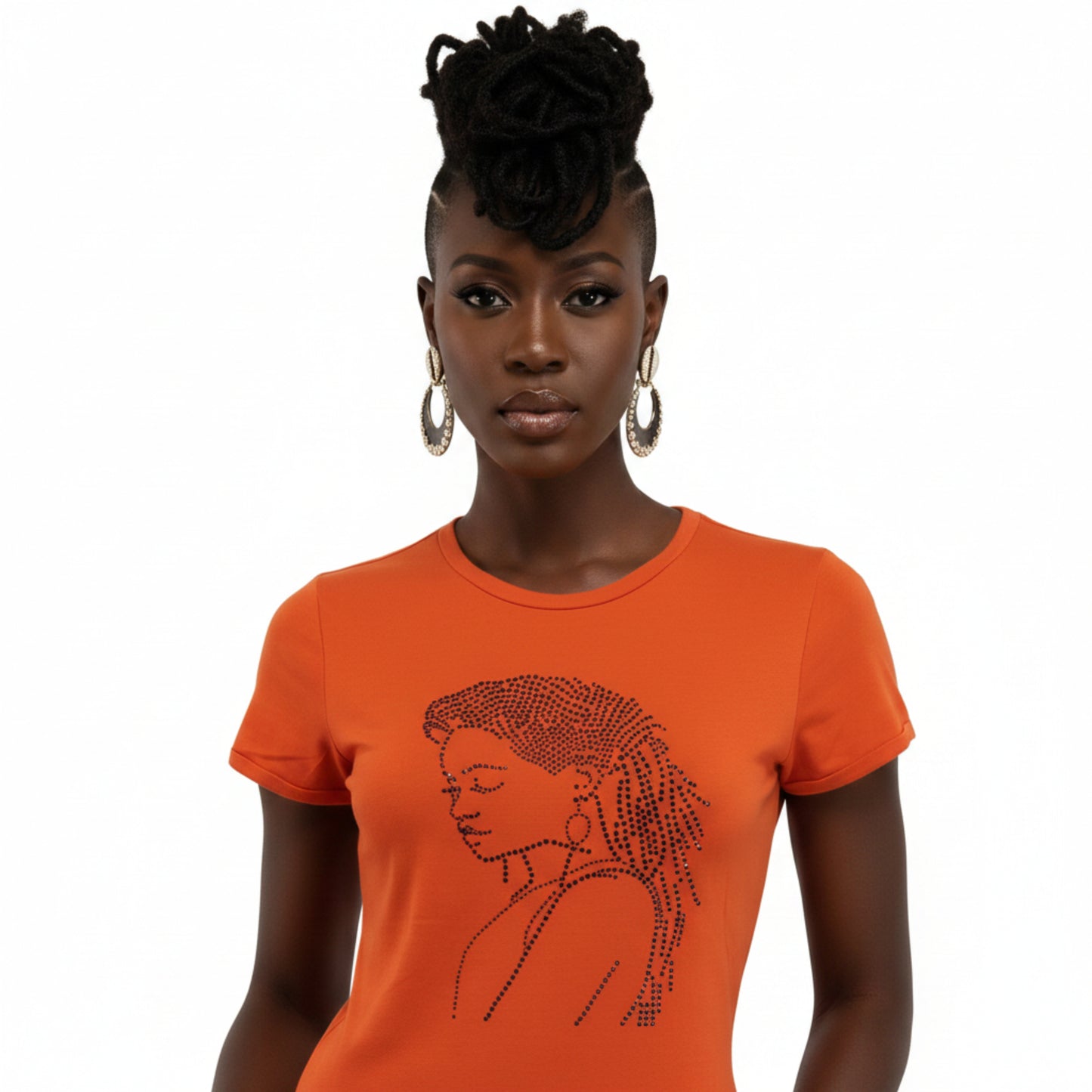 Orange t-shirt with a graphic design on a mannequin against a white background