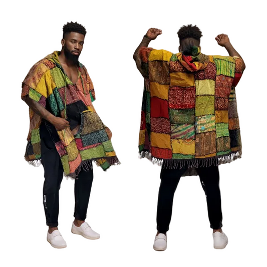 Person wearing a colorful patchwork poncho from front and back views on a white background