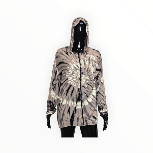 Tie-dye hoodie on a mannequin against a white background