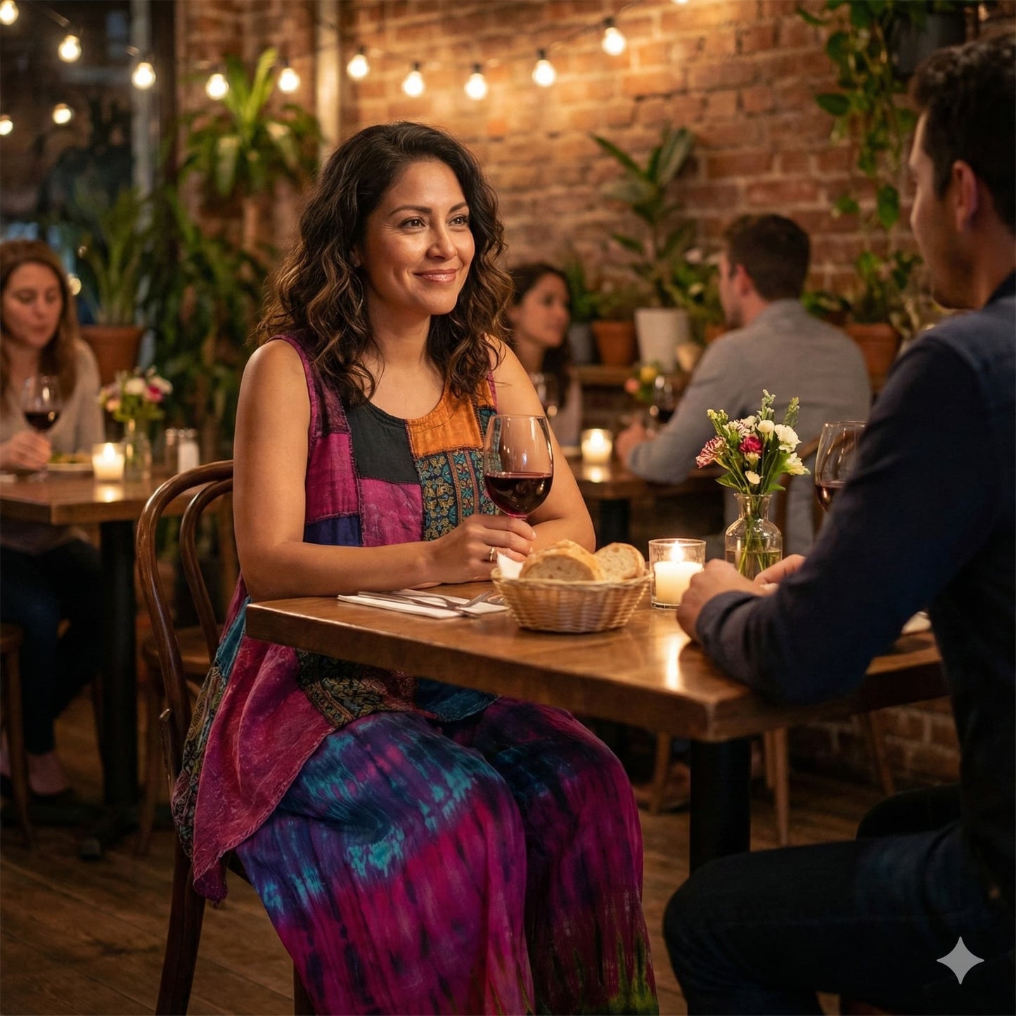 Woman sitting at a table in a restaurant with a man, enjoying a glass of wine.