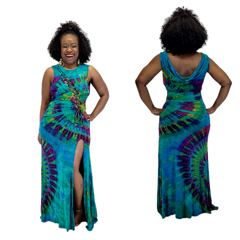 Blue green base hand made tie dye Sonya Gown-Dresses-SanJules