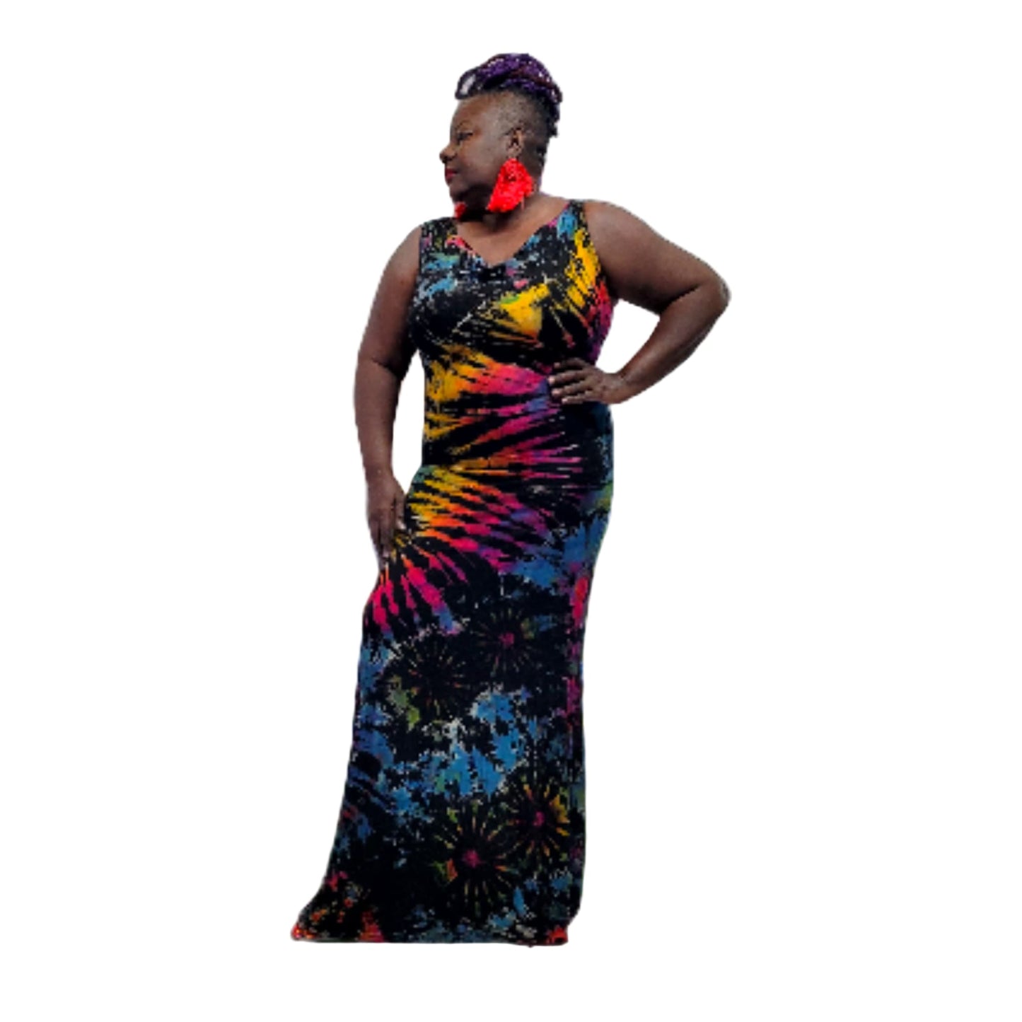 Woman wearing a colorful tie-dye dress on a white background-Sanjules