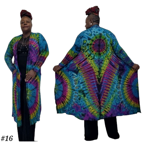 SanJules bright blue base tie dye Drama Duster. This has purple, yellow, purple and black highlights