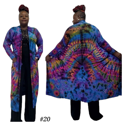 SanJules royal blue base tie dye SanJules Drama Duster with purple, yellow and black highlight