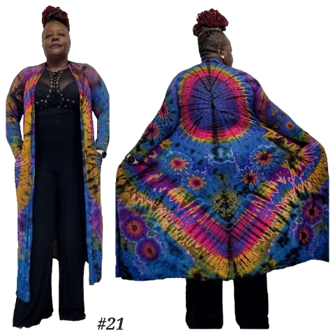 SanJules royal blue base tie dye SanJules Drama Duster with purple, yellow and black highlight