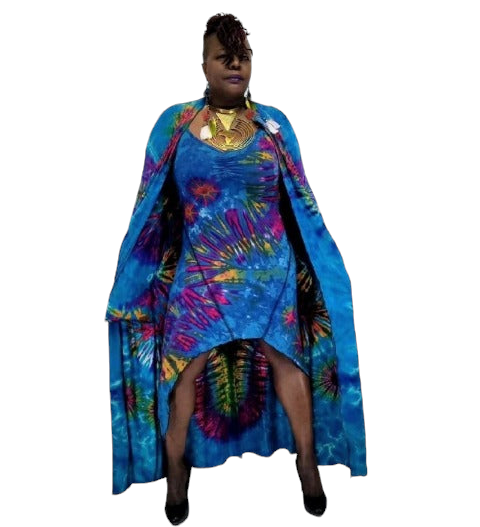 Royal blue base tie dye duster over a royal blue base tie dye dress. Both garments are handmade.