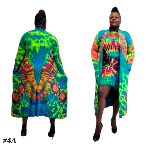 SanJules bright light green base tie dye Drama Duster with blue, orange, red and yellow highlights.