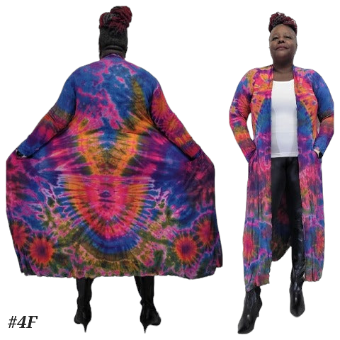SanJules purple base tie dye Drama Duster, with blue, orange, pink and green highlights.