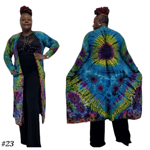 SanJules blue base tie dye Drama Duster with purple, yellow and black highlights