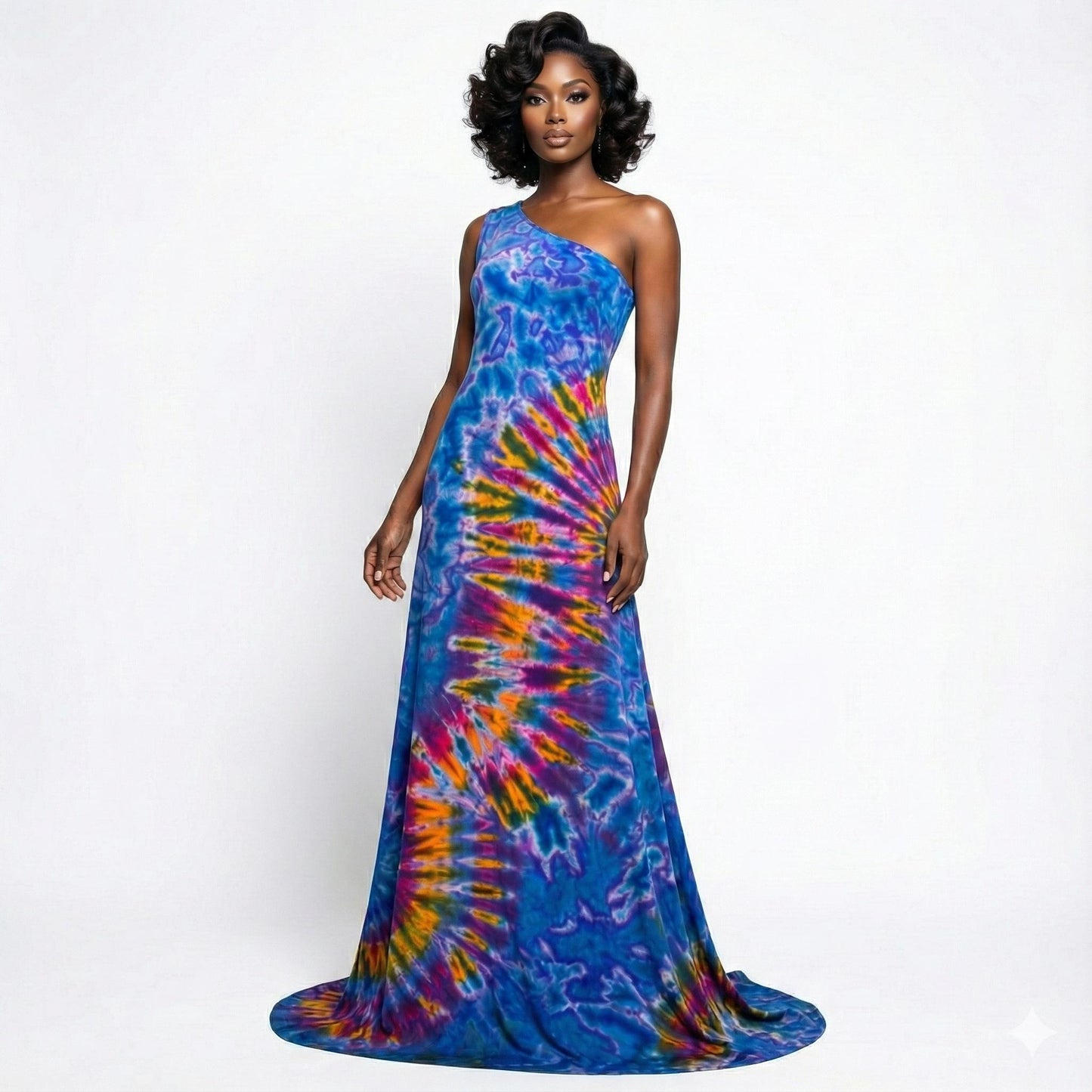 Woman wearing a colorful tie-dye one-shoulder dress on a white background SanJules