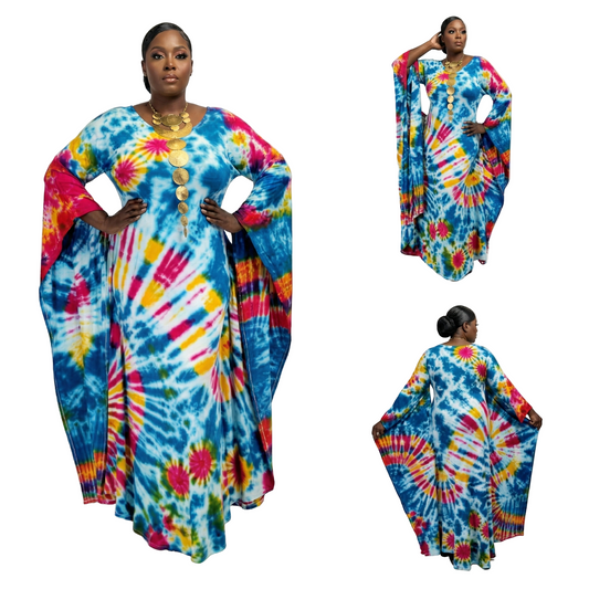 Colorful tie-dye dress worn by a model on a white background SanJules
