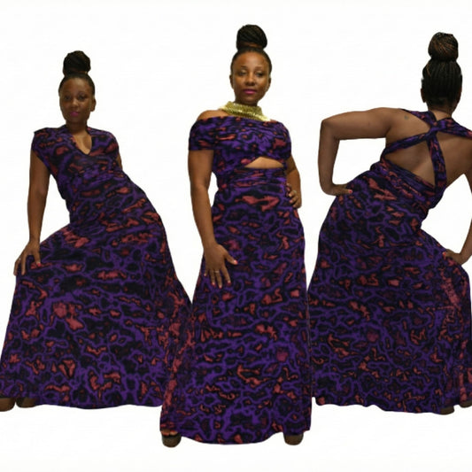 Three views of a woman wearing a purple and red patterned dress on a white background-Sanjules