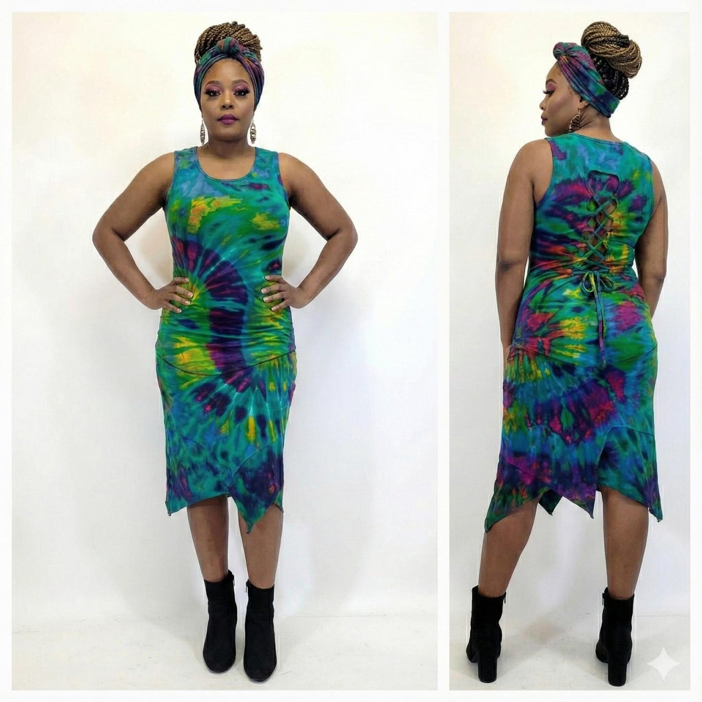 Woman wearing a colorful tie-dye dress from front and side views on a white background SanJules