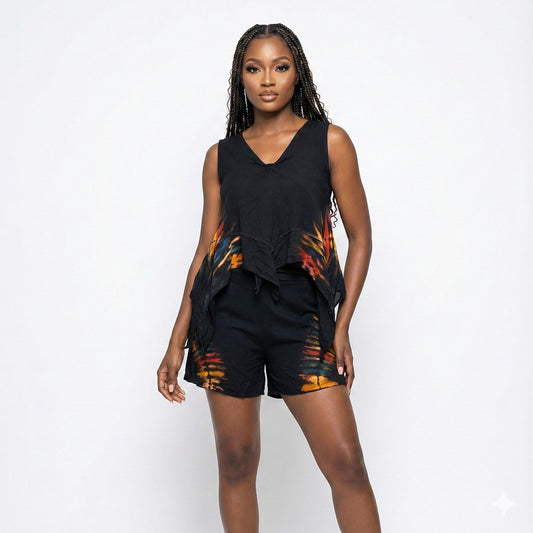 Woman wearing a black sleeveless top and shorts with flame pattern on a white background SanJules
