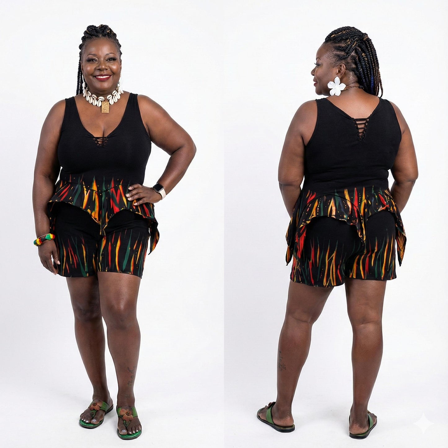 Woman wearing a black sleeveless top and colorful shorts on a white background SanJules