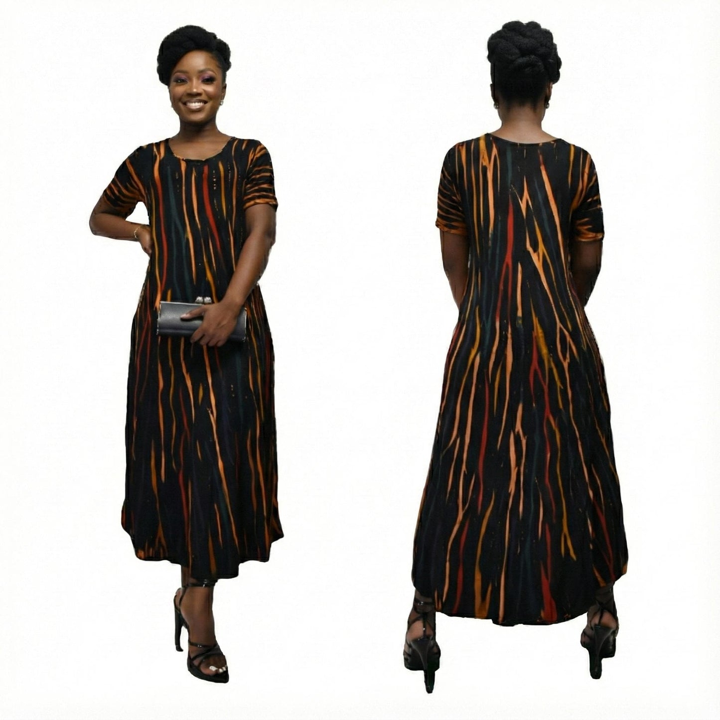 Woman wearing a black dress with orange and red patterns, on a white background. SanJules