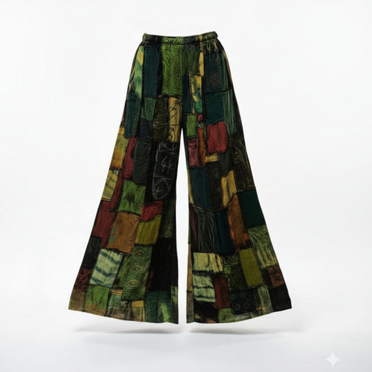 Ppatchwork wide leg pants on a white background