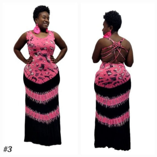 Woman wearing a pink and black tie dye dress, front and back views, on a white background.-Sanjules