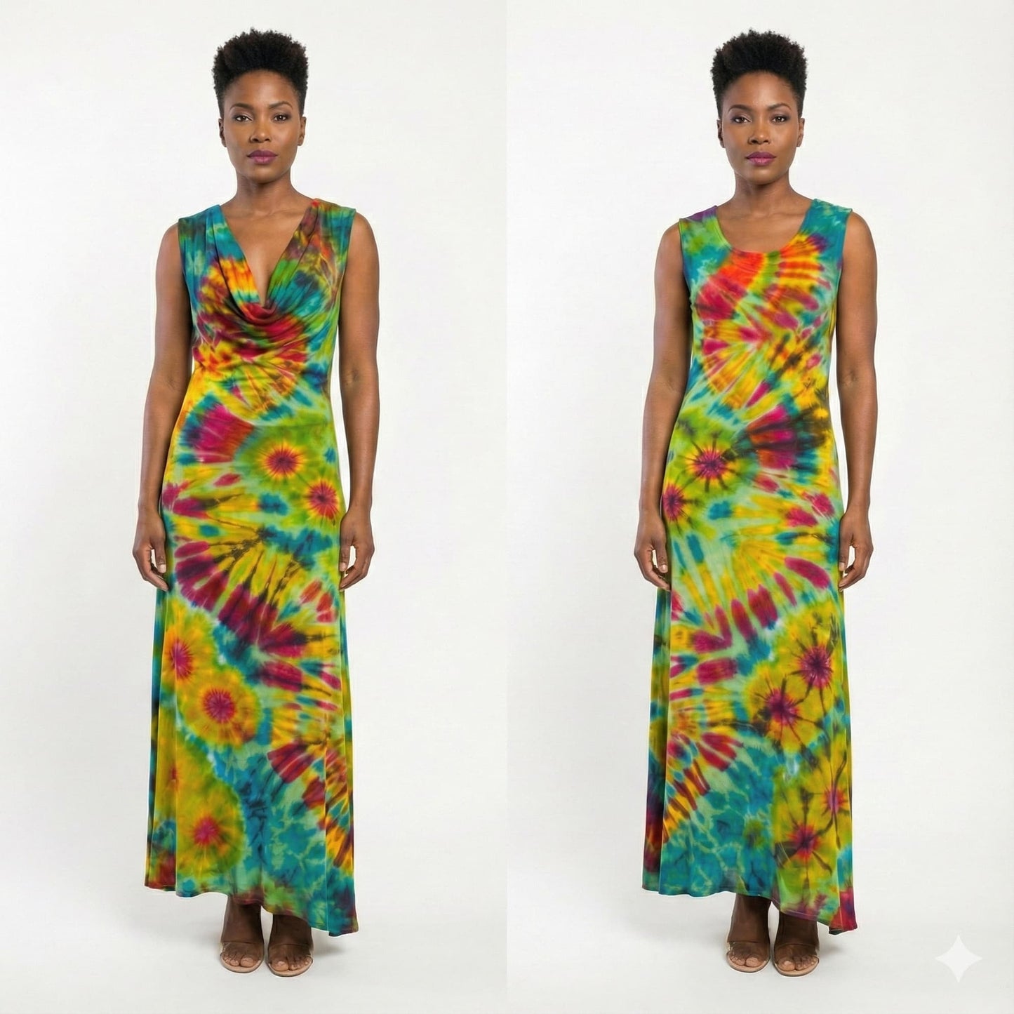 Two images of a person wearing a tie-dye dress on a white background-Sanjules