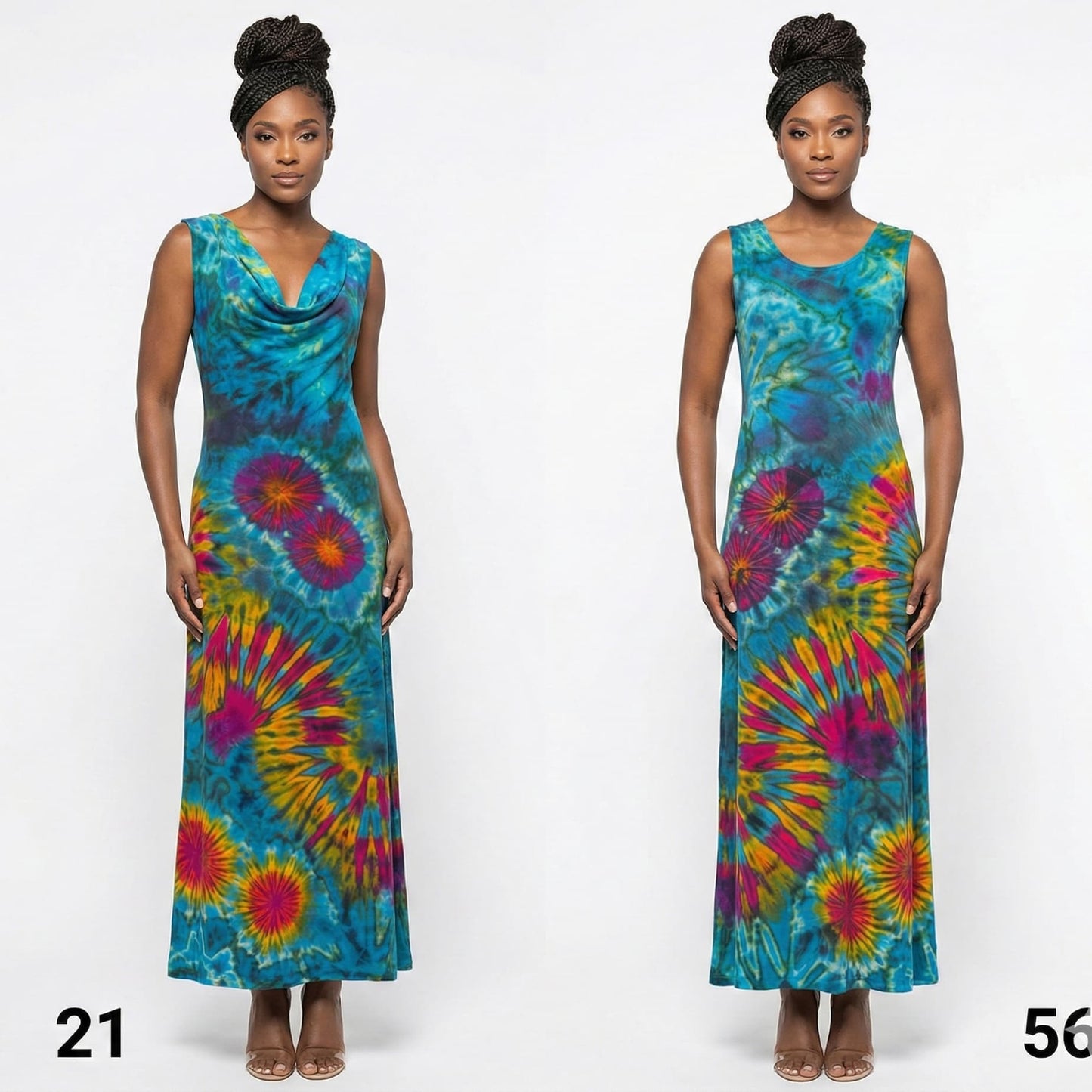 Two models wearing tie-dye dresses on a white background